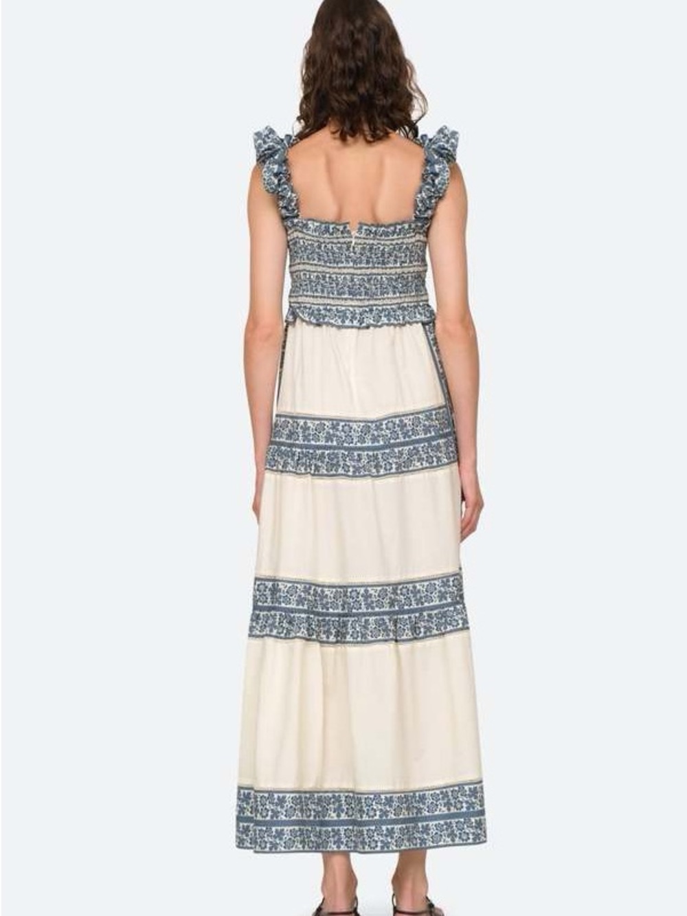 Sea NY Arlo Maxi Floral Tiered Smocked Bodice Blue Cream Cotton Dress Size S - Picture 2 of 12